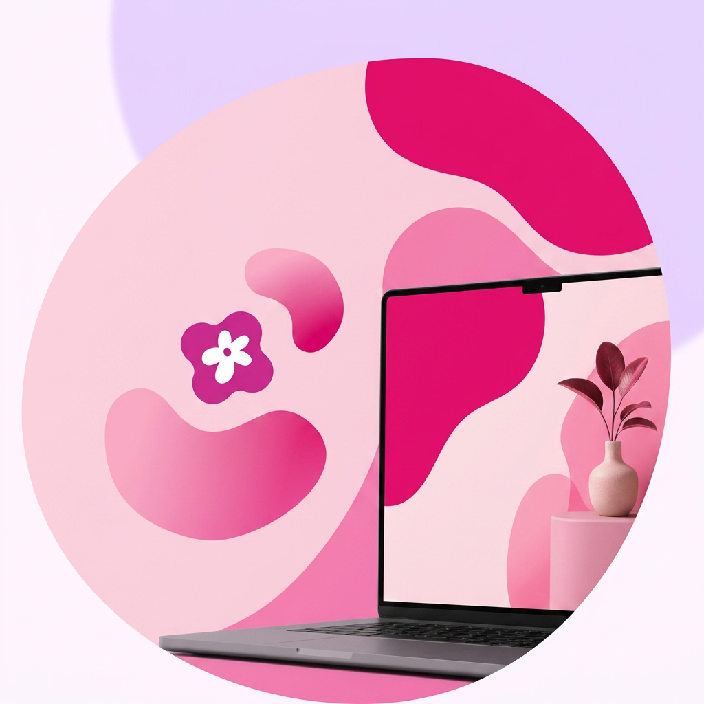 Composição conceitual do Flora Studio com laptop e formas orgânicas